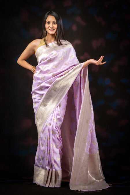 Lavender Silk Saree with Golden Butterfly Embroidery