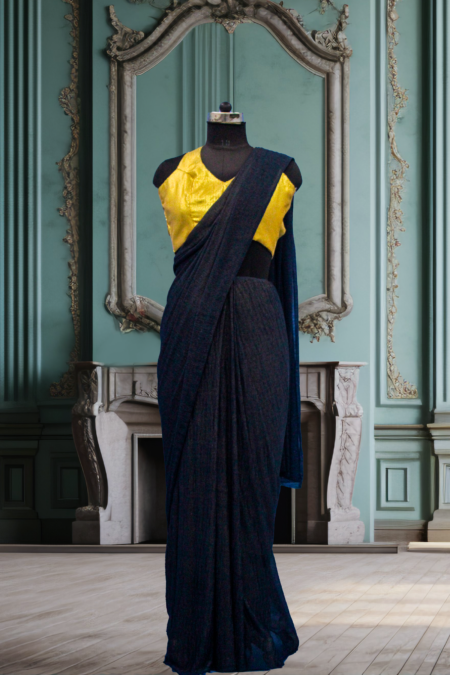 Blue Premium Lycra Saree with golden sequin blouse.