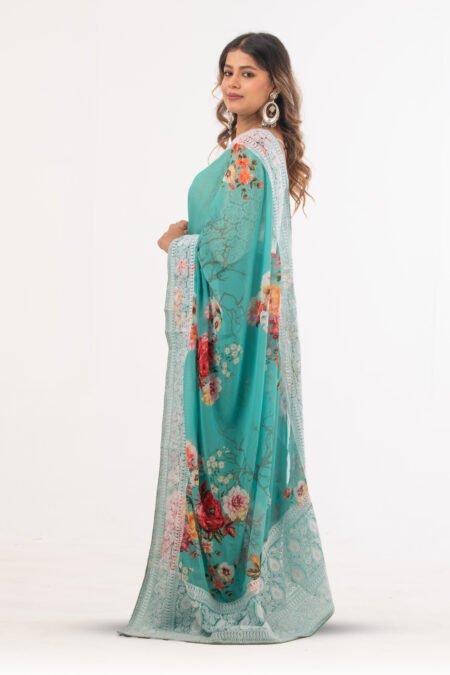 Thread Work Sea Green Digital Printed Georgette Saree