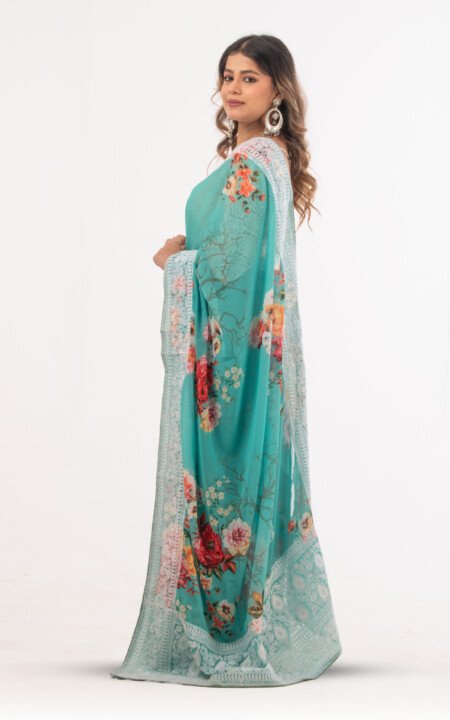 Thread Work Sea Green Digital Printed Georgette Saree