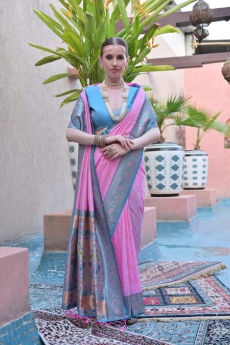 Glided Charm Baby Pink Paithani Silk Saree