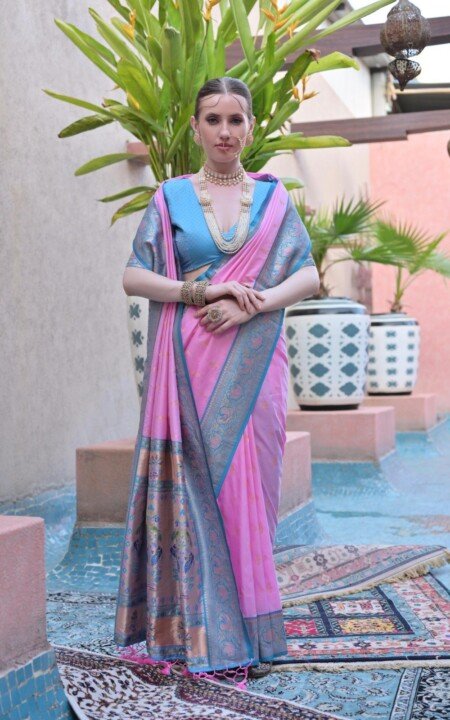 Glided Charm Baby Pink Paithani Silk Saree
