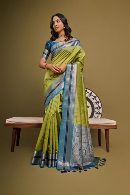 Breezy Bandhani Green Tussar Silk Saree