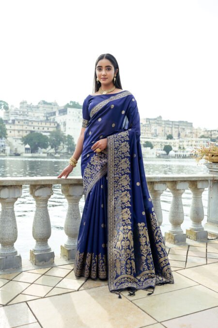 Ratnavali Navy Blue Bhagalpuri Silk Saree