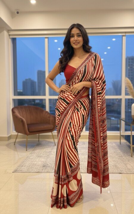 Crimson Stripe Heritage
Satin  Saree.