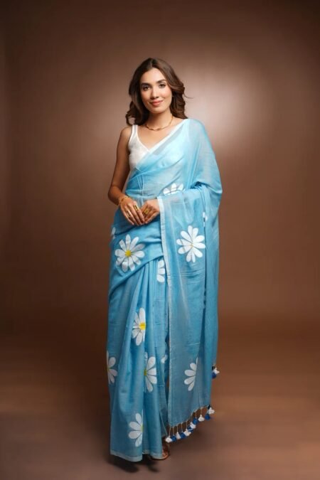 Sky Blue Linen Cotton Saree