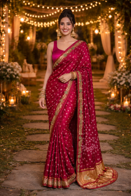 The Royal Gajji Silk Bandhani Saree. (Magenta)