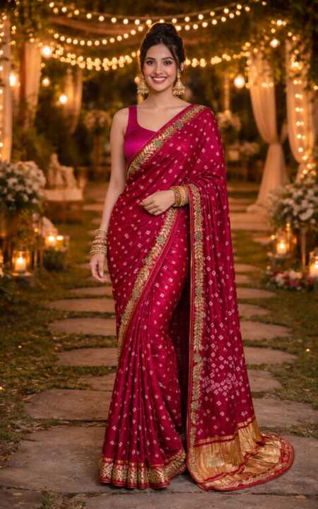 The Royal Gajji Silk Bandhani Saree. (Magenta)