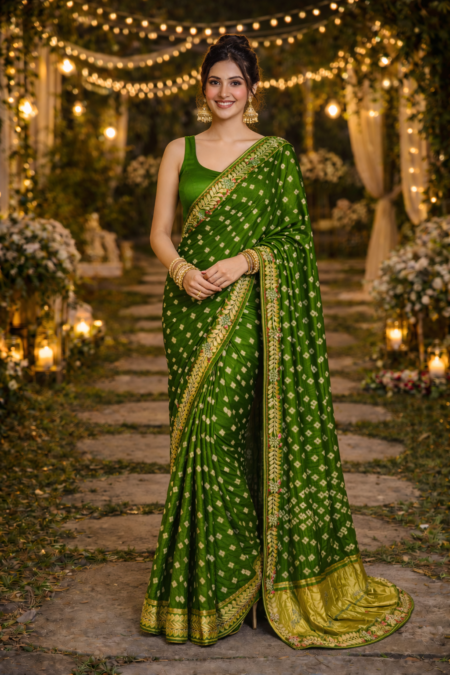 The Royal Gajji Silk Bandhani Saree. (green)