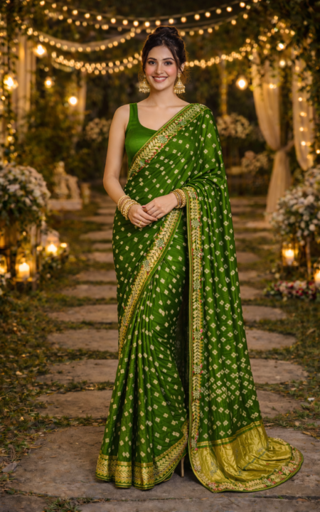 The Royal Gajji Silk Bandhani Saree. (green)