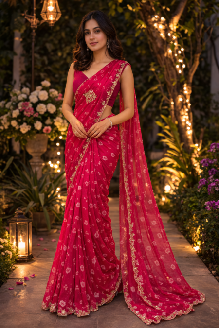 Scarlet Glow Chinon Saree.(magenta)