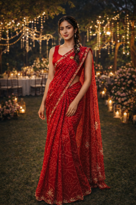 Scarlet Glow Chinon Saree.(cherry red)