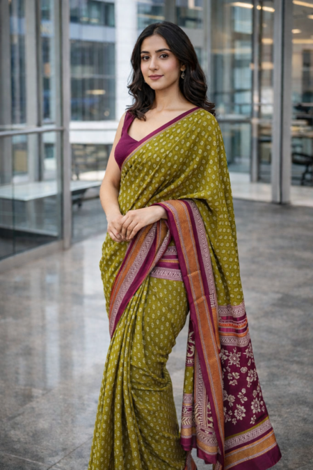 The "Olive Bloom" Ikat Saree.
