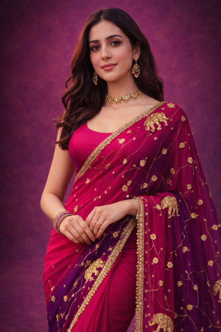 Ruby Zari Blossom Chiffon Saree.
