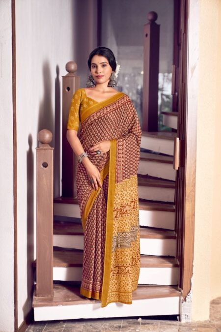Mustard Mocha Heritage Cotton Saree