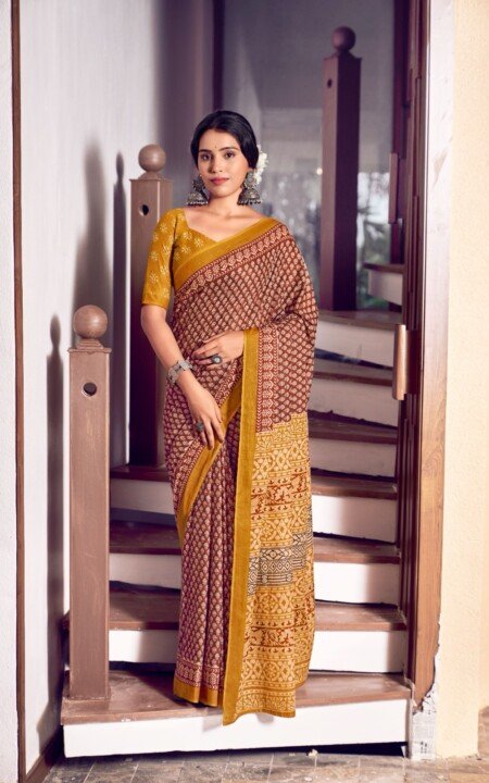 Mustard Mocha Heritage Cotton Saree
