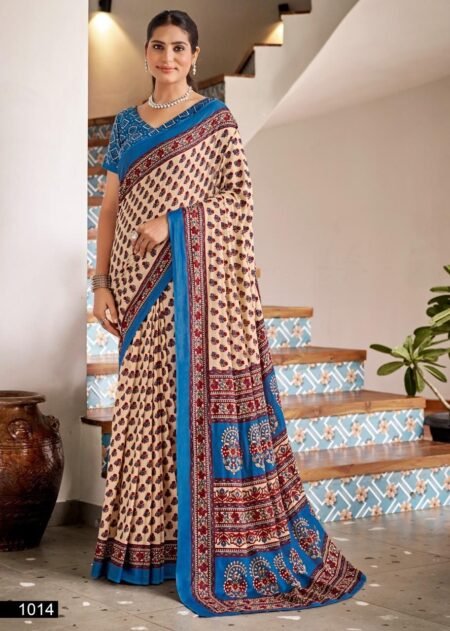 Ivory Indigo Kalam Cotton Saree