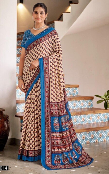 Ivory Indigo Kalam Cotton Saree