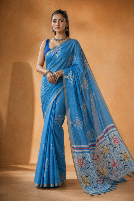 Blue Serenity Linen Saree