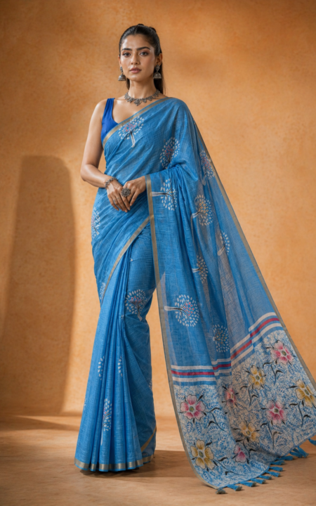Blue Serenity Linen Saree