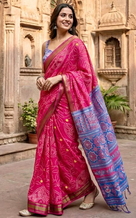 Rangrez Pink Bandhani Cotton Saree
