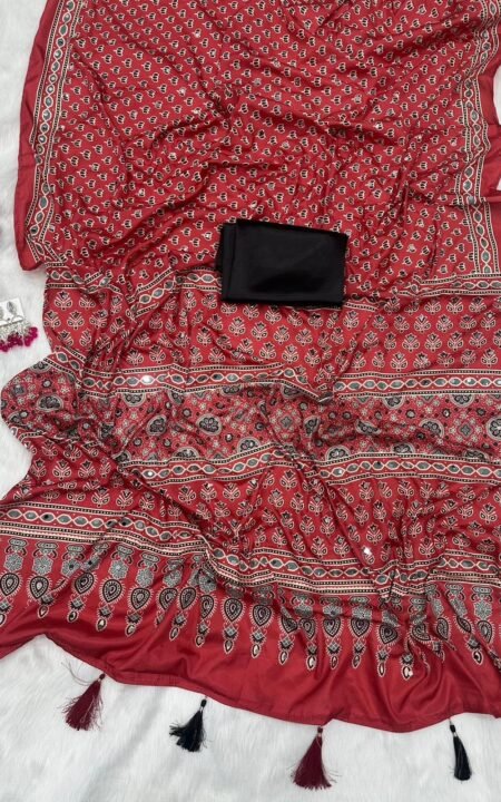 Rani Veil Ajrakh Satin Saree
