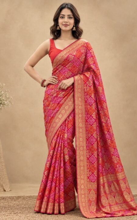 Gulabi Bandhej Gharchola Saree
